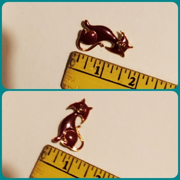 VINTAGE GOLD TONE/RED ENAMEL CAT BROOCH/PIN - Picture 4 of 5
